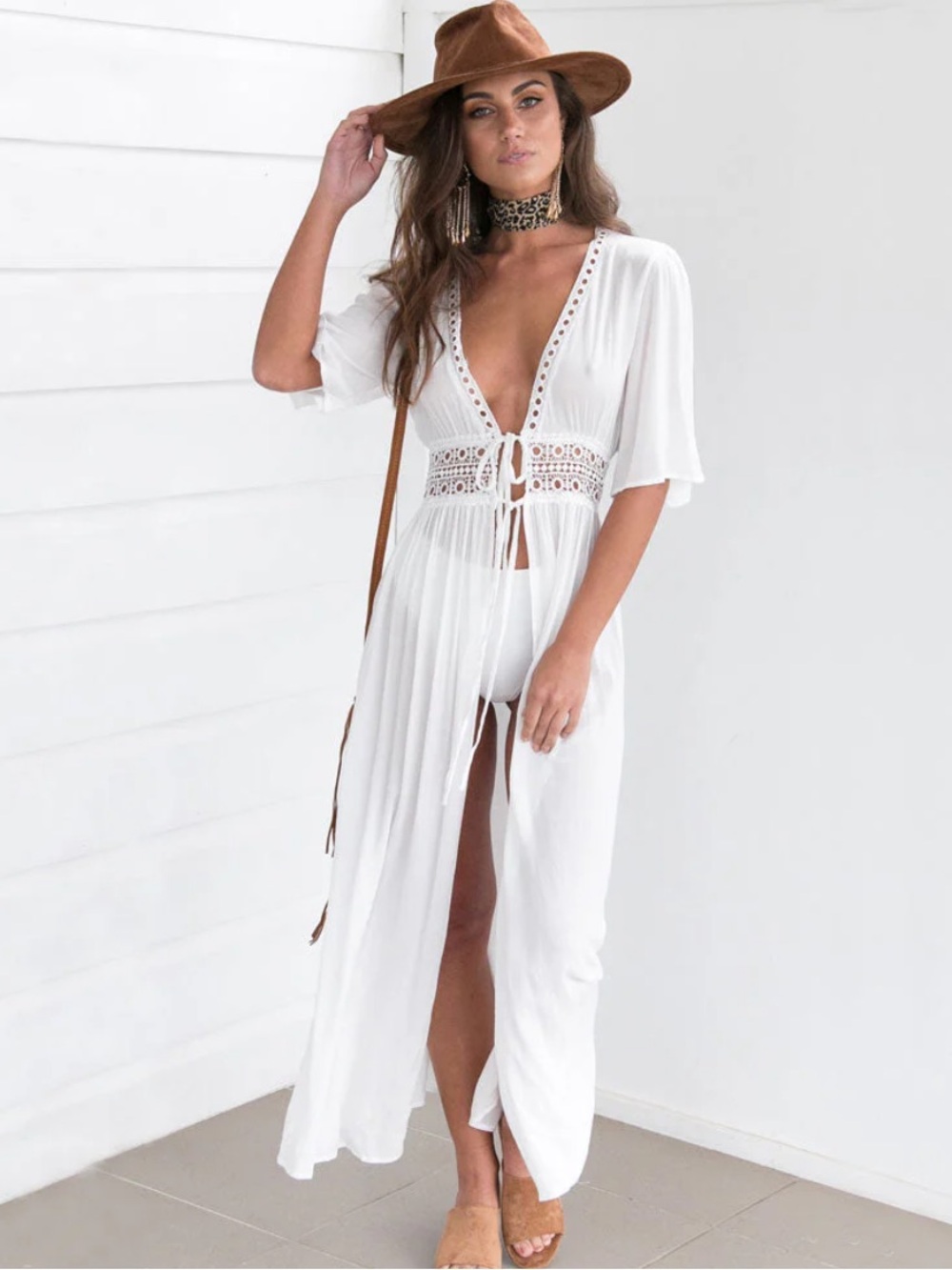 White Lace-Panel Boho Midi Dress beach wrap cover up - Picture 2 of 5